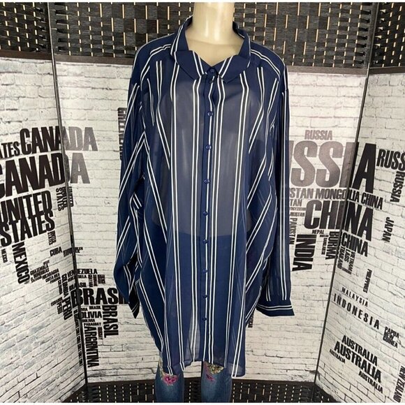 Roaman's Plus 34W Sheer Navy Blue Double Vertical Striped Button Long Sleeve Top - Picture 1 of 6